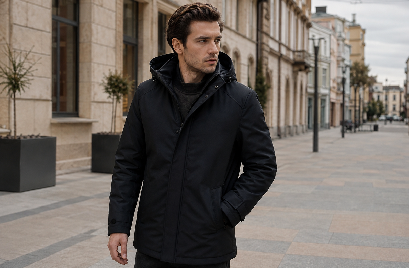 Модел с черно яке от новата колекция на Luxe Store
