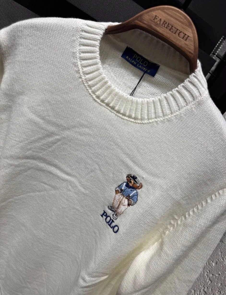 Мъжки бял плетен пуловер Polo Ralph Lauren с бродирано мече