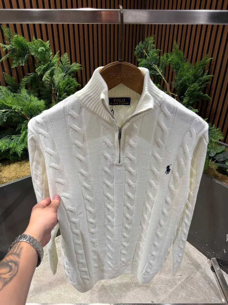 Мъжки бял плетен пуловер Polo Ralph Lauren с къс цип